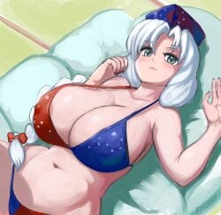 1girls 2d areola_slip areolae bare_shoulders bed belly belly_button big_breasts braid braided_hair braided_ponytail breasts breasts_bigger_than_head cleavage eirin_yagokoro female hair_ribbon hat hips huge_breasts large_breasts long_hair looking_at_viewer lying lying_on_back lying_on_bed nail_polish nipple_bulge nipples nipples_visible_through_clothing ponytail profitshame red_nail_polish red_nails silver_eyes silver_hair solo source tied_hair touhou underwear underwear_only wide_hips