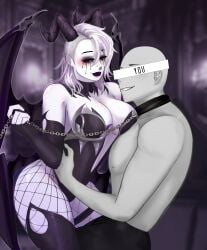 1boy 1girls anonymous_male assertive_female black_eyeliner black_sclera chain_leash chin_piercing cleavage deathblooms demon_girl demon_horns demon_wings femdom fishnets hand_on_waist large_breasts lavender_hair lavender_skin nose_piercing purple_eyes short_hair virtual_youtuber vtuber