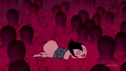 ashi_(samurai_jack) ass black_hair chained closed_eyes daughters_of_aku edit female female_only lipstick nude open_mouth samurai_jack screenshot screenshot_edit short_hair smile teeth tongue