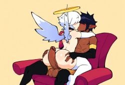 2boys ai_generated alriel angel angel_wings bed bedroom big_ass dark-skinned_male dark_skin femboy gay halo kissing light-skinned_male light_skin mullon novelai yaoi