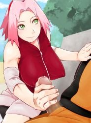 1boy 1girls ass blonde_hair breasts censored closed_mouth covered_erect_nipples female green_eyes handjob large_breasts mosaic_censoring naruto naruto_(series) naruto_shippuden partial_male penis pink_hair sakura_haruno short_hair smile source_request sunahara_wataru teeth uzumaki_naruto