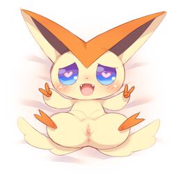 1girls 2017 3_fingers anus blue_eyes blue_sclera blush cotora fangs female feral fur furry furry_only gaping gaping_pussy half-closed_eyes heart heart-shaped_pupils legendary_pokémon lying mammal nintendo open_mouth pokémon_(species) pokemon presenting presenting_pussy pussy pussy_juice simple_background solo spread_legs spreading v victini video_games