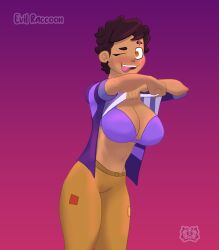 arms_up belly belly_button big_breasts bra dark-skinned_female dark_skin disney evil_raccoon huge_breasts latina luz_noceda massive_breasts one_eye_closed shirt_up short_hair the_owl_house the_owl_house_(finale) tongue tongue_out