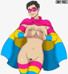 2024 brown_hair_female cape cindy_mides commission domino_mask hands_over_breasts heart_gesture nude nude_female pansexual_pride_colors pubic_hair short_hair stockings_thigh_highs superhero_costume trimmed_pubic_hair white_background