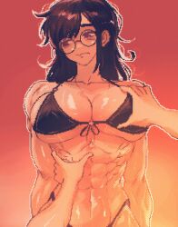 1girls abs bikini black_bikini blush breasts brown_eyes brown_hair cleavage embarrassed eyewear glasses groping hi_res highleg large_breasts looking_away matching_hair/eyes muscular muscular_female original pixel_art pov spoiledmuffin swimsuit