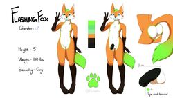 2017 anthro ass backsack balls black_penis canine colored_cum cum english_text flaccid flashingfox_(character) fox fox_gloves fur girly green_cum green_fur green_iris green_tongue kibachii_(artist) male mammal model_sheet nude penis solo standing teenager text uncut unusual_cum white_balls white_fur young