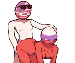 ambiguous_penetration big_breasts black_bikini black_bra countryhumans countryhumans_girl doggy_style grabbing_head head_grab one_eye_closed penetration red_body russia_(countryhumans) sleepserumm smiling straight sunglasses sunglasses_on_head tape thick_thighs united_states_of_america_(countryhumans) white_body