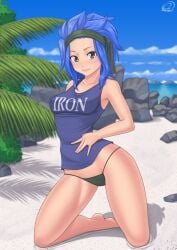 1girls bare_arms bare_legs bare_shoulders bare_thighs barefoot beach black_panties black_thong blue_hair bottomless brown_eyes fairy_tail female female_focus female_only g-string headband hi_res high_resolution highres kneeling levy_mcgarden light-skinned_female light_skin lips lipstick looking_at_viewer makeup ocean on_knees pale-skinned_female pale_skin palm_tree panties pink_lips pink_lipstick pinup pose posing rocky-ace sleeveless_shirt solo solo_female solo_focus tank_top thong very_high_resolution