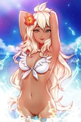 arms_behind_head bikini blonde_hair brown_eyes cleavage female flower hair_flower pinkladymage pussy shaved_pussy solo water zooey_(granblue_fantasy)