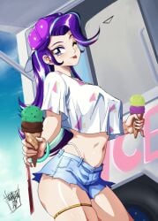 1girls absurd_res artist_signature bikini_bottom blush bracelet breasts covered_nipples cowboy_shot daisy_dukes danmakuman denim_shorts equestria_girls erect_nipples female friendship_is_magic hi_res highleg highleg_bikini human humanized ice_cream ice_cream_cone ice_cream_truck long_hair looking_at_viewer matching_hair/eyes midriff multicolored_hair my_little_pony navel offering_to_viewer outdoors purple_eyes purple_hair short_shorts shorts sidelocks sky smile solo standing starlight_glimmer starlight_glimmer_(eg) tank_top thigh_strap tongue tongue_out variant_set