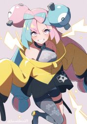 blue_hair bowtie bowtie_on_head clothed clothing gym_leader iono_(pokemon) kamidan looking_at_viewer pink_eyes pink_hair pokemon smiling smiling_at_viewer stockings two_tone_hair