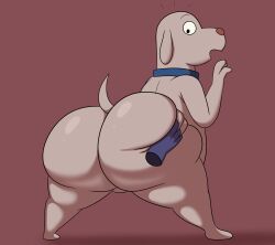 absurd_res anthro ass backsack balls big_butt blue_collar brown_body bubble_butt butt_grab canid canine canis collar colossalstars disembodied_hand dog_(robot_dreams) domestic_dog duo genitals hand_on_butt hi_res huge_butt looking_at_viewer looking_back male mammal nude open_mouth raised_tail red_nose robot_dreams simple_background solo standing surprised_expression tail