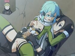 1girls 2boys androgynous black_eyes black_gloves black_hair black_jacket black_pants black_shorts blonde_hair blue_eyes blue_hair breasts censored closed_mouth clothing_aside commission cowgirl_position eye_contact female fingerless_gloves gabriel_miller gloves grabbing_another's_breast grabbing_from_behind green_jacket green_thighhighs groping hair_between_eyes hair_ornament hairclip highres jacket kirito kirito_(sao-ggo) long_hair looking_at_another male micro_shorts mosaic_censoring multiple_boys mysteryctu nipples open_clothes open_jacket open_mouth pants penis pixiv_commission pussy sex sex_from_behind short_hair short_hair_with_long_locks shorts shorts_aside sidelocks sinon small_breasts smile spread_legs straight straight_hair sword_art_online thighhighs trap vaginal_penetration x_x