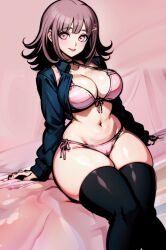 1girls 2d ai_generated belly belly_button big_breasts bikini blush breasts cameltoe cleavage danganronpa female hair_clip hips jacket looking_at_viewer nanami_chiaki pink_eyes pink_hair short_hair sitting smile solo source swimsuit tampopo thick_thighs thighhighs thighs wide_hips