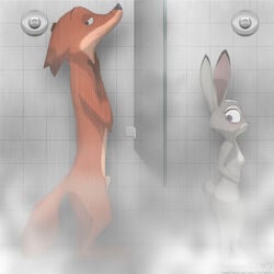 1boy 1girls 2017 animal_genitalia anthro blush breasts canine dipstick_ears disney duo female fluffytuft fox fully_sheathed fur gloves_(marking) green_eyes hi_res judy_hopps lagomorph looking_back male mammal markings multicolored_tail nick_wilde nipples nude penis purple_eyes rabbit sheath shower side_view small_breasts smile standing wet wet_fur zootopia