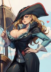 1girls 2d ai_generated big_breasts blonde_hair blue_eyes breasts breasts_bigger_than_head capcom cleavage clothed clothed_female eye_patch female hat heart huge_breasts large_breasts long_hair marvel_vs._capcom marvel_vs._capcom_2 one_eye_obstructed open_mouth pirate pirate_hat ruby_heart solo source standing tampopo