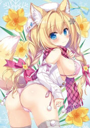 1girl ahoge ameto_yuki animal_ear_fluff animal_ears ass blonde_hair blush bra braided_hair breasts flower flower_background fox_ears fox_girl fox_tail hair_ornament hat highres large_breasts looking_at_viewer low_twin_braids open_shirt open_sweater original panties scarf shirt side-tie_panties sideboob small_but_busty sweater tail thighhighs tied_hair twintails underwear