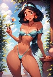 abs ai_generated aladdin aladdin_(1992_disney_film) artificial_intelligence bikini bikini_bottom bikini_top black_hair breasts fit_female flower legs long_hair perfect_body princess princess_jasmine pussy shiny_skin thighs