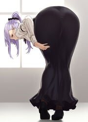 ass bent_over black_skirt closed elf female female_only from_behind full_body hair_ornament high-waist_skirt houtengeki indoors juliet_sleeves long_hair long_skirt long_sleeves looking_at_viewer looking_back mouth original pantyhose pointy_ears ponytail puffy_sleeves purple_eyes purple_hair scrunchie shoes skirt solo standing tight_skirt