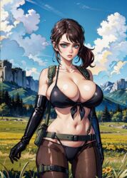 1girls ai_generated bangs belt big_breasts big_eyes bikini bikini_top blue_eyes breasts brown_hair cleavage clouds elbow_gloves female female_only field front-tie_bikini front-tie_top gloves holster huge_breasts leather_gloves looking_at_viewer medium_hair metal_gear_solid metal_gear_solid_v midriff mountain navel outdoors outside panties pantyhose parted_lips ponytail quiet_(metal_gear) sideboob sky solo solo_female stable_diffusion tampopo thighs whale_tail