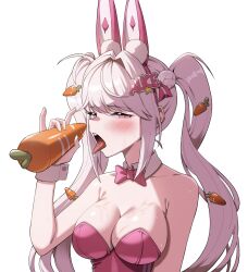 1girls alice_(nikke) alice_(wonderland_bunny)_(nikke) blush breasts bunny_ears bunnysuit cleavage female_only goddess_of_victory:_nikke looking_at_viewer open_mouth pink_eyes saliva simulated_fellatio sweatdrop tongue_out twintails upper_teeth white_background white_hair