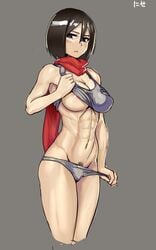 1girls abs attack_on_titan black_hair blush bra breasts bricc cameltoe cleavage dark_hair female female_only medium_hair mikasa_ackerman muscles muscular_female nisetanaqa panties pubic_hair scarf solo uncensored