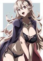 1girls :d absurdres alternate_costume bikini black_bikini black_hairband black_swimsuit blonde_hair breasts cape cleavage corrin_(female)_(fire_emblem) corrin_(fire_emblem) cowboy_shot female female female_only fire_emblem fire_emblem_fates hair_between_eyes hairband highres large_breasts long_hair navel nintendo open_mouth pointy_ears red_eyes smile solo swimsuit to_(tototo_tk) very_long_hair