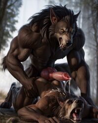 ai_generated anal anal_sex canine doggy_style duo gay looking_pleasured male_on_male muscular_male orgasm_face realistic smaller_male snarling solo werewolf wolf