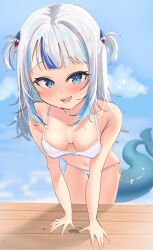 1girls 2d 2d_(artwork) :3d alternate_costume animal_tail bikini bikini_bottom bikini_top blue_eyes blue_hair day female female_focus female_only front_view gawr_gura hololive hololive_english hololive_myth light-skinned_female light_skin long_hair looking_at_viewer outdoors petite petite_body petite_female sharp_teeth slim_girl small_breasts smiling smiling_at_viewer solo solo_female solo_focus summer swimsuit thong thong_bikini two_piece_swimsuit two_tone_hair virtual_youtuber vtuber vtuberfanart white_bikini_bottom white_bikini_top white_hair young younger_female