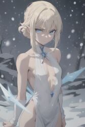 1girls ai_generated bare_shoulders blonde_hair blue_eyes braless female ice ice_mage looking_at_viewer mage mature_female revealing_clothes small_breasts stable_diffusion toned toned_female white_dress