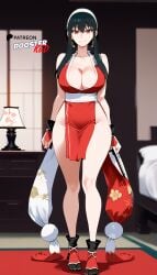 ai_generated bare_shoulders bed bedroom big_breasts boosterred99 cosplay curvy_figure earrings feet female full_body greesgreen_hair hair hairband indoors king_of_fighters large_breasts legs mai_shiranui pony_diffusion_xl red_eyes smiling spy_x_family yor_briar yor_forger