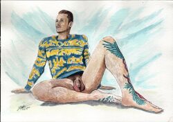 big.little.lines flaccid gay gay_art gay_male half-dressed half_naked hand_drawn handdrawn handdrawn_art male male_only naked_male pose sketches_by_adab tattooed_legs tattooed_male watercolor_(artwork) watercolor_(medium) watercolor_pencil_(medium) watercolour