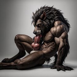 5_fingers ai_generated autofellatio balls canine cum cumming cumshot digitigrade huge_knot knot looking_at_viewer male masturbation muscular_male penis realistic self_suck single solo solo_male sucking_penis werewolf wolf worgen