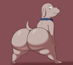 absurd_res anthro ass backsack balls bedroom_eyes big_butt blue_collar brown_body bubble_butt canid canine canis collar colossalstars dog_(robot_dreams) domestic_dog genitals hi_res huge_butt looking_at_viewer looking_back male mammal narrowed_eyes nude raised_tail red_nose robot_dreams seductive simple_background solo standing tail tongue tongue_out