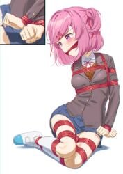 blue_skirt blush bondage bound bound_arms bound_hands bound_legs bound_thighs button_down_shirt buttoned buttons cailin020 clothed clothing collared commission deviantart doki_doki_literature_club female female_focus female_only gag gagged human humanoid light-skinned_female light_skin natsuki_(doki_doki_literature_club) pink_eyes pink_hair red_gag red_rope rope rope_bondage school_uniform schoolgirl skirt submissive submissive_female thighs white_background