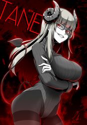 arms_crossed arms_under_breasts black_and_white demon_girl demon_horns demon_tail ebiblue glasses glowing_eyes red_eyes smirk succubus tane_tenshi virtual_youtuber vtuber