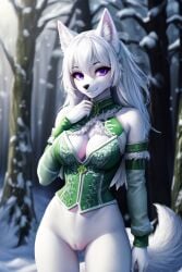 1girls 2024 ai_generated anthro arctic_wolf bare_shoulders bottomless bottomless_female cleavage female female_only furry green_clothing inner_ear_fluff innie_pussy long_hair outside purple_eyes pussy sleeves smile snow snowing white_fur white_hair winter winter_clothes wolf wolf_ears wolf_girl wolf_tail woods