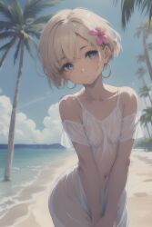 1girls ai_generated bare_shoulders beach belly_button blonde_hair blue_eyes cute earrings female flower flower_in_hair looking_at_viewer sea seaside see-through see-through_clothing see_through see_through_clothing short_hair small_breasts stable_diffusion