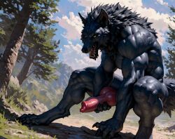 ai_generated blue_fur canine cum cumming cumshot digitigrade jerk_off knot male masturbation muscular_male realistic solo werewolf wolf