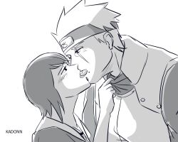 1boy 1girls blush_lines french_kiss hatake_kakashi kadonn kissing making_out monochrome naruto naruto:_the_last naruto_(series) naruto_shippuden passionate_kiss romantic scar_across_eye shizune straight tongue tongue_kiss tongue_out tongues_touching