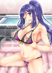 ;d areolae bangs bare_arms bare_legs bare_shoulders bath bathroom bathtub bikini black_bow black_bra black_panties black_ribbon blue_hair blush bow bra breasts cameltoe cleavage collarbone deep_skin eyebrows_visible_through_hair female fingernails frilled_panties frills grabbing_own_breast groin hands_up head_tilt indoors inflatable_raft kusui_aruta lace lace-trimmed_bra large_breasts lens_flare lingerie long_hair looking_at_viewer love_live! love_live!_sunshine!! matsuura_kanan midriff navel nipple_cutout nipples one_eye_closed open_mouth panties ponytail purple_bra purple_eyes purple_panties ribbon shiny shiny_hair shiny_skin sitting smile solo stomach swimsuit tile_wall tiles underwear underwear_only wariza water wet