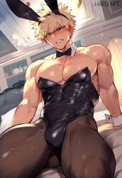 ai_assisted ai_generated angry_expression angry_face bed big_pecs blonde_hair blush bulge bunny_boy bunny_ears bunnysuit haruartx katsuki_bakugou looking_at_viewer male male_focus male_only muscular muscular_male my_hero_academia pecs red_eyes solo solo_focus solo_male thick_thighs