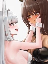 2girls blanc_(nikke) blush breasts brown_hair bunny_ears bunnysuit cleavage dark-skinned_female dark_skin face_grab female_only goddess_of_victory:_nikke huge_breasts light-skinned_female light_skin long_hair noir_(nikke) open_mouth orange_eyes sideboob white_background white_hair yellow_eyes