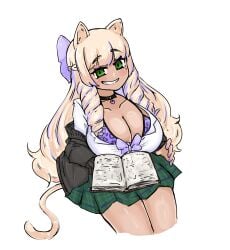 _dorku bikini blonde_hair cat_ears cat_tail cheetah_print choker drill_hair green_skirt grin gyaru huge_breasts jacket kodou-sama(cownon) large_breasts long_hair mage nail_polish naughty_face platinum_blonde_hair purple_highlights revealing_clothes school_uniform smug smug_face tan