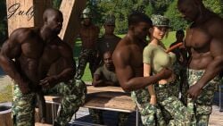 1girls abs camo_clothing cookout dark-skinned_male darklord fuck_me_eyes hot_dog light-skinned_female military military_uniform multiple_boys muscular_male private_vanessa_winters turned_on