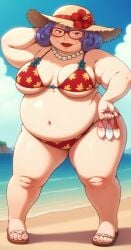 ai_generated bbw beach_background big_breasts big_penis bikini blushing devil_is_a_part_timer elderly_female fat_woman gilf glasses grandmother granny hand_behind_head hand_on_hip hataraku_maou-sama! matronai_(artist) miki_shiba obese_female overweight overweight_female posing_for_picture posing_for_the_viewer sagging_breasts skimpy_bikini swimsuit tagme used_condoms