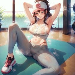 1girls ai_generated aimoonshine alternate_costume armpits arms_behind_head arms_up bangs bare_shoulders baseball_cap blue_eyes blush breasts brown_hair cleavage collarbone dumbbell exercise female female_only grin gym hat high_ponytail highleg highleg_panties hilda_(pokemon) indoors knee_up large_breasts long_hair looking_at_viewer midriff navel nintendo panties pants parted_lips plant pokemon pokemon_bw pokemon_trainer ponytail potted_plant see-through shoes sideboob sidelocks sitting skindentation smile sneakers solo spread_legs steam steaming_body sweat sweaty_clothes tank_top thighs thong underwear wet wet_clothes wristband yoga_pants