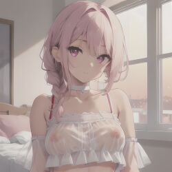 1girls ai_generated bare_shoulders braid choker collarbone cute female looking_at_viewer nipples nipples_visible_through_clothing pink_eyes pink_hair revealing_clothes see-through see-through_clothing see_through see_through_clothing stable_diffusion straps