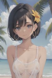 1girls ai_generated bare_shoulders beach black_hair collarbone cute dark_hair earrings female flower flower_in_hair looking_at_viewer mature mature_female nipples_visible_through_clothing sea seaside see-through see-through_clothing see_through see_through_clothing short_hair small_breasts stable_diffusion