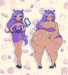 1girls bbw before_and_after big_ass big_belly big_breasts big_thighs cleavage dark-skinned_female earrings hairbun hand_on_belly hand_on_hip long_hair navel purple_bra purple_dress purple_eyes purple_eyeshadow purple_hair purple_panties purple_underwear secretary sile2011 small_ass small_breasts small_thighs thin_waist weight_gain wide_hips